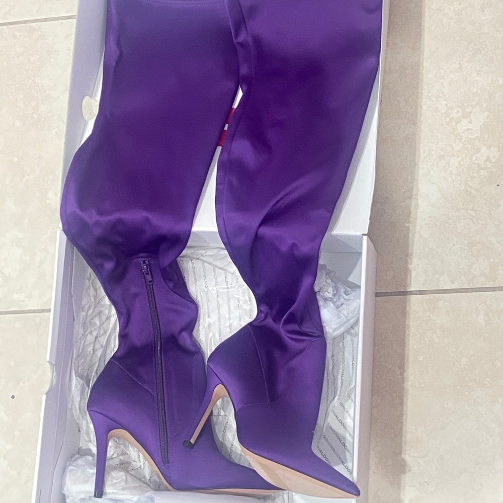 Thigh high purple heel boots
